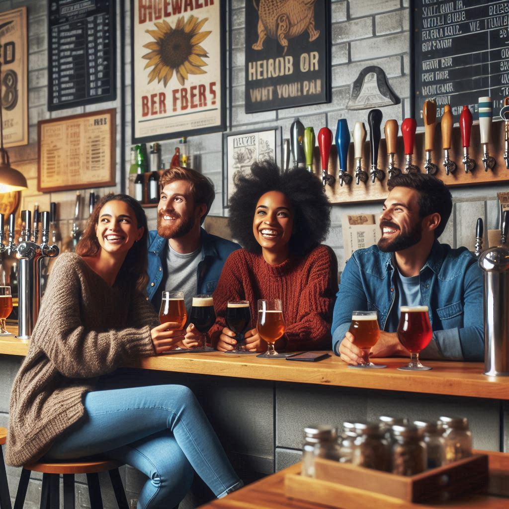 Dos parejas de amigos disfrutando cervezas craft en un bar